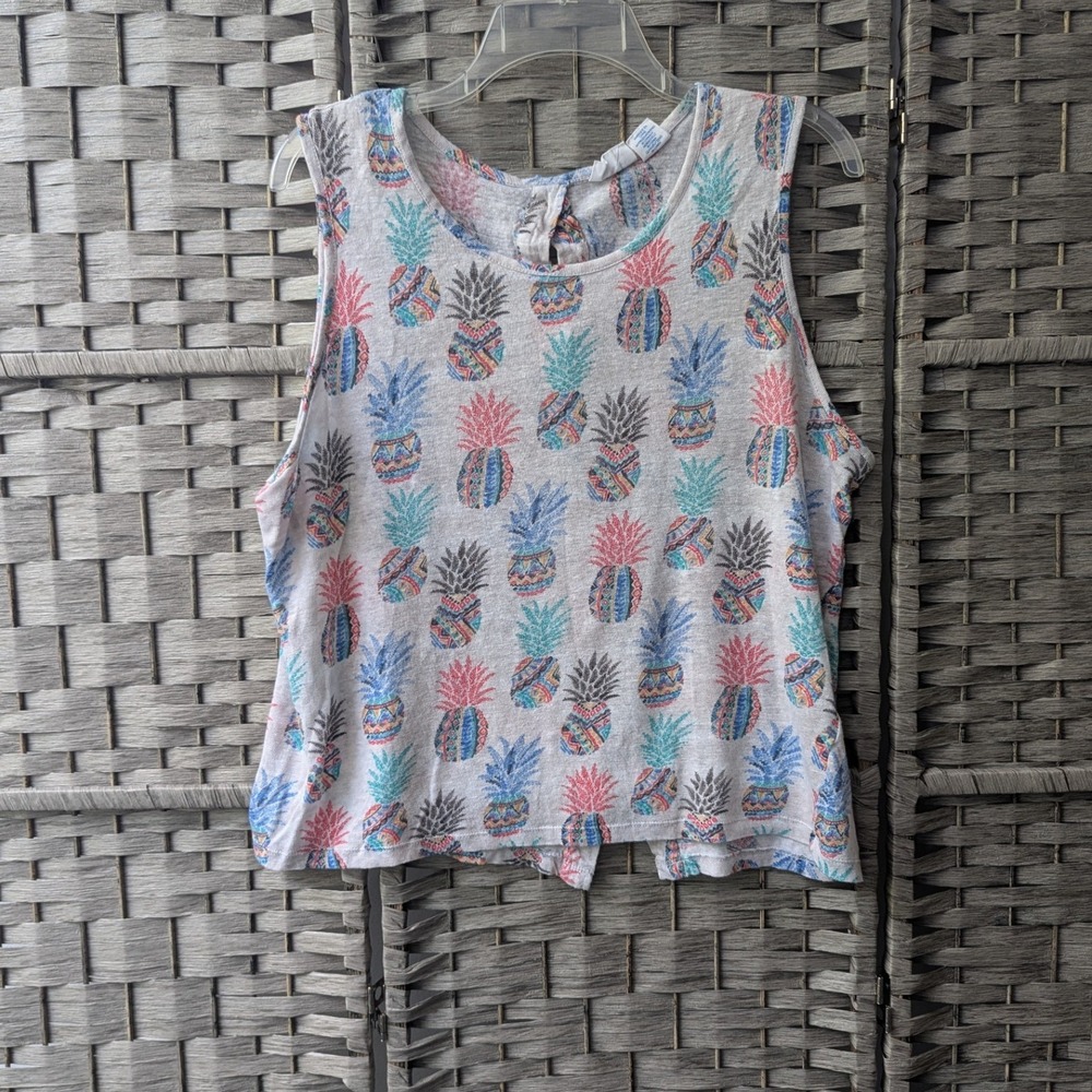 Sigrid Olsen Tank Top White Linen Pineapple Print Button Back Sz XL Resortwear